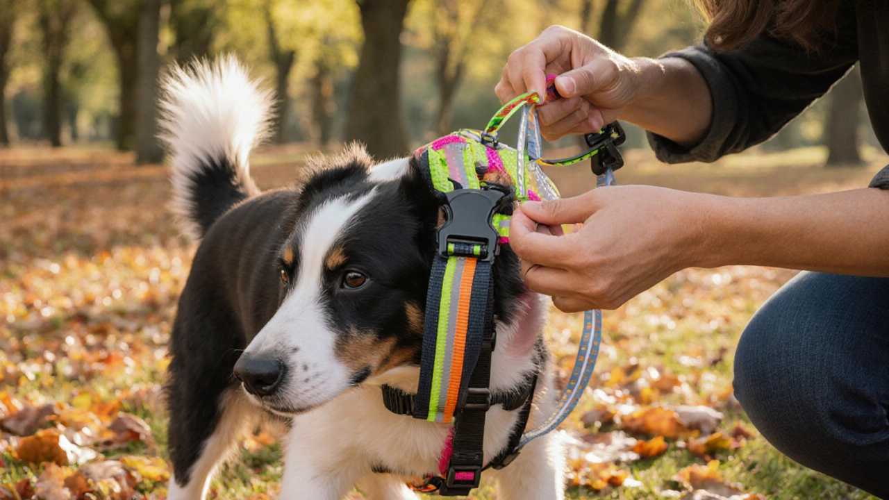 3D view of a person measuring a dog&#039;s chest and fitting a reflective harness in a park.