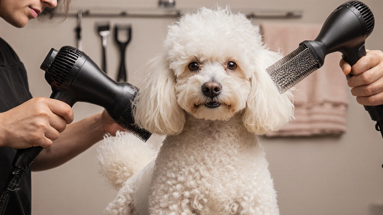 A Poodle being dried with high-velocity blowers while being brushed after a bath.