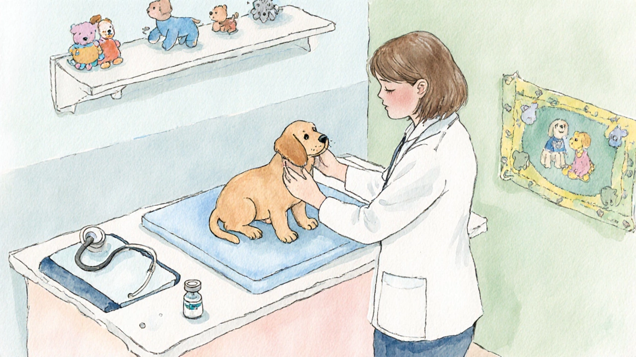 A puppy at a vet office being checked by a smiling veterinarian.