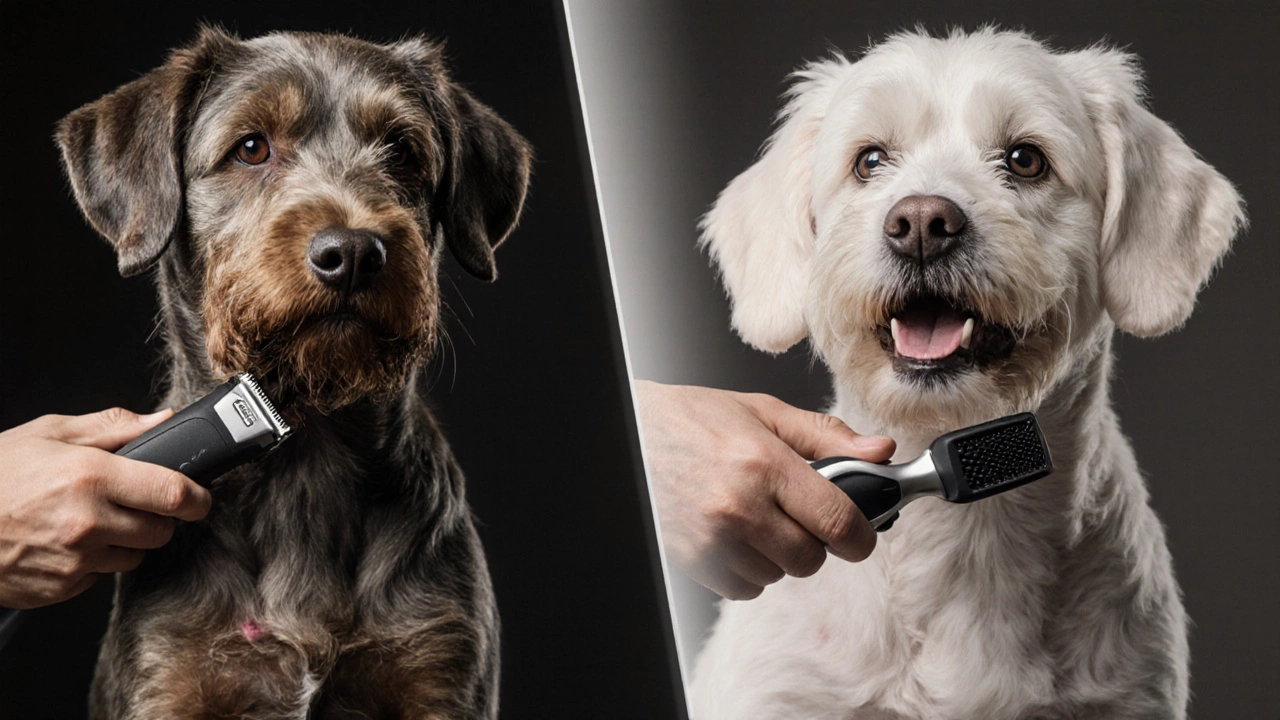A split image showing dirty matted fur vs. clean, dry fur being professionally trimmed.