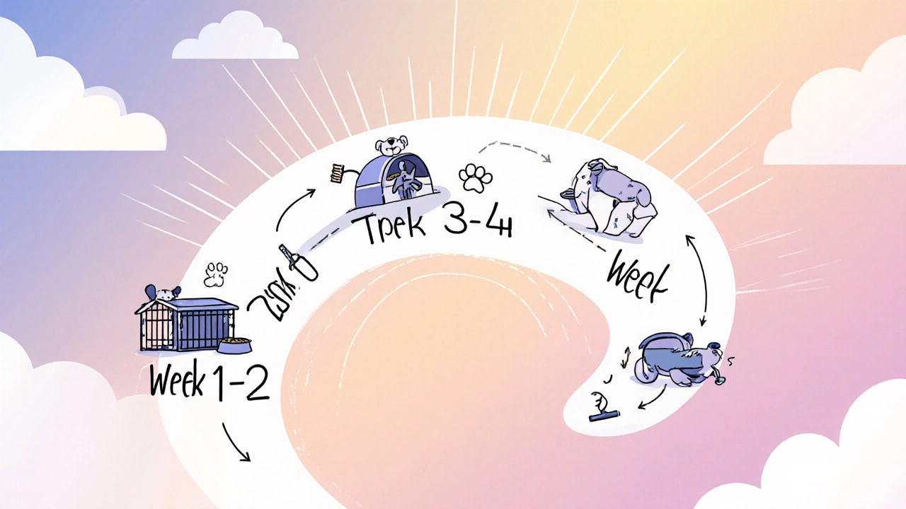 A visual timeline showing a puppy’s first‑month milestones with icons.