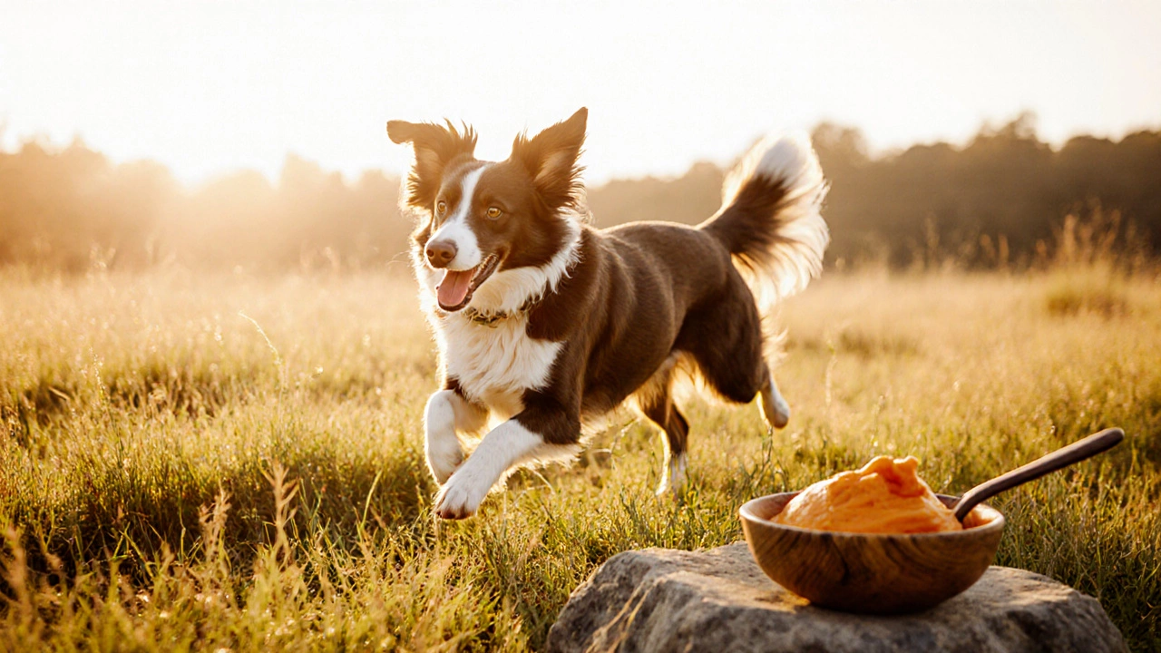 Border Collie runs in a meadow with a shiny coat, pumpkin bowl nearby.