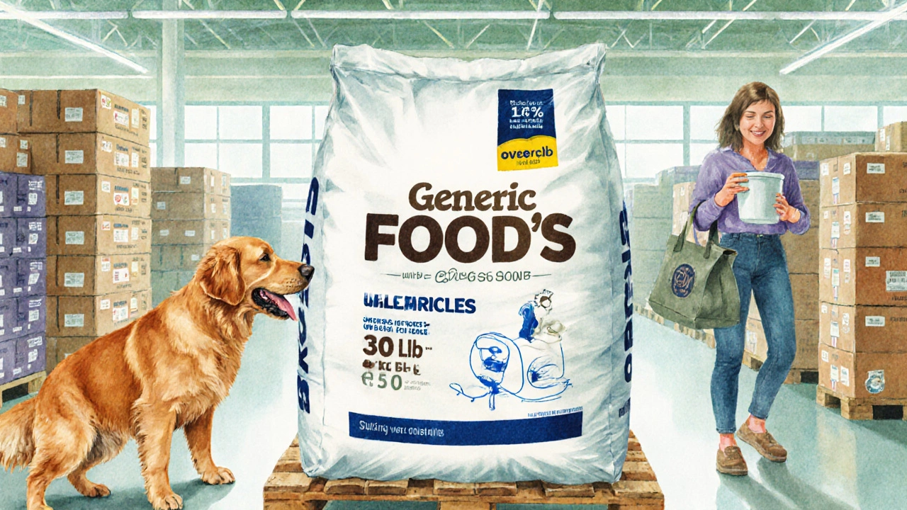 Bulk bag of generic kibble in a warehouse club aisle with a happy dog and shopper.