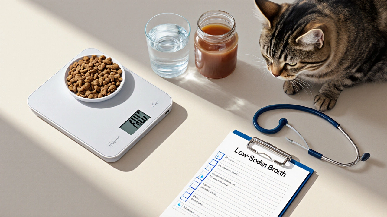 Cat beside a kitchen scale, water bowl, and vet tools on a countertop.