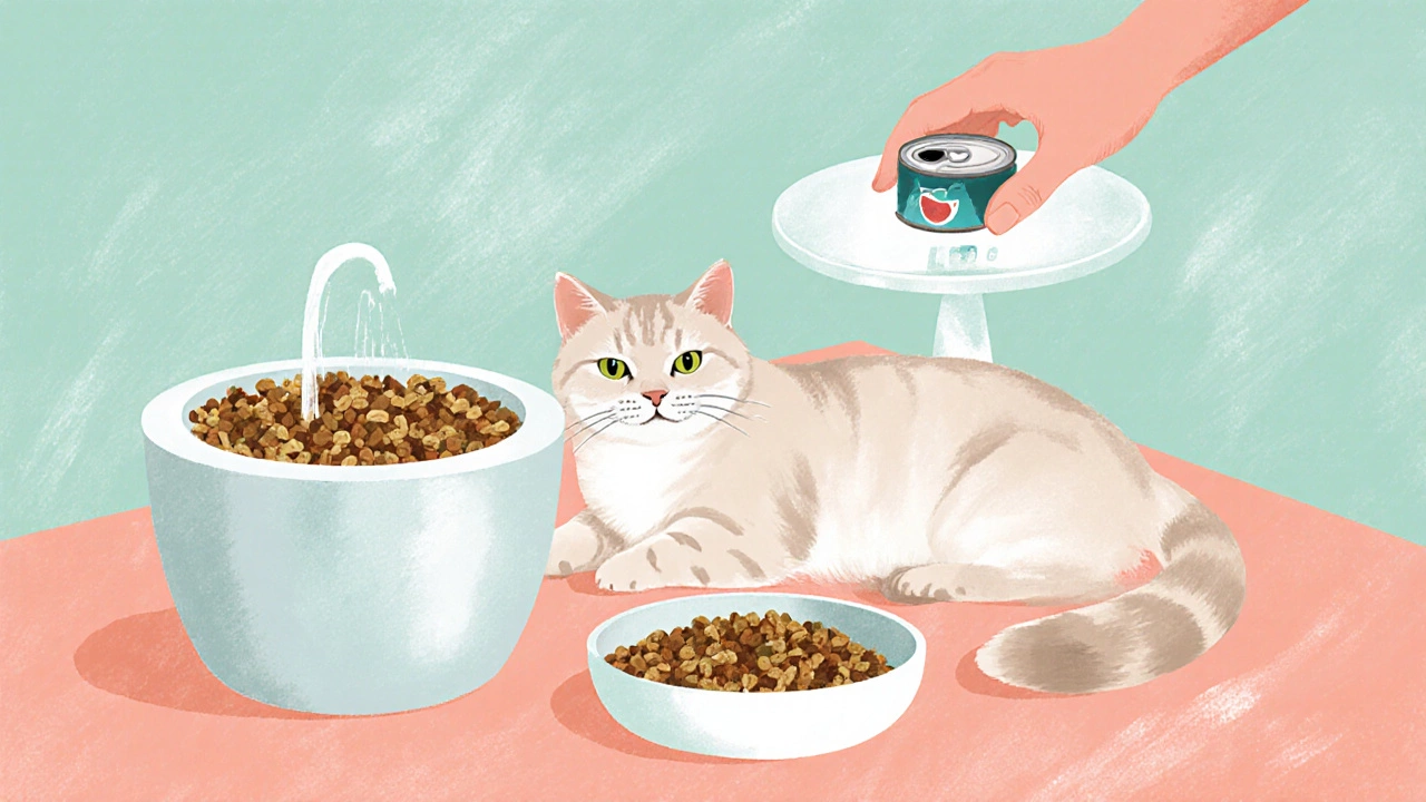 Cat beside a water fountain with both dry kibble and wet food, owner measuring portions.