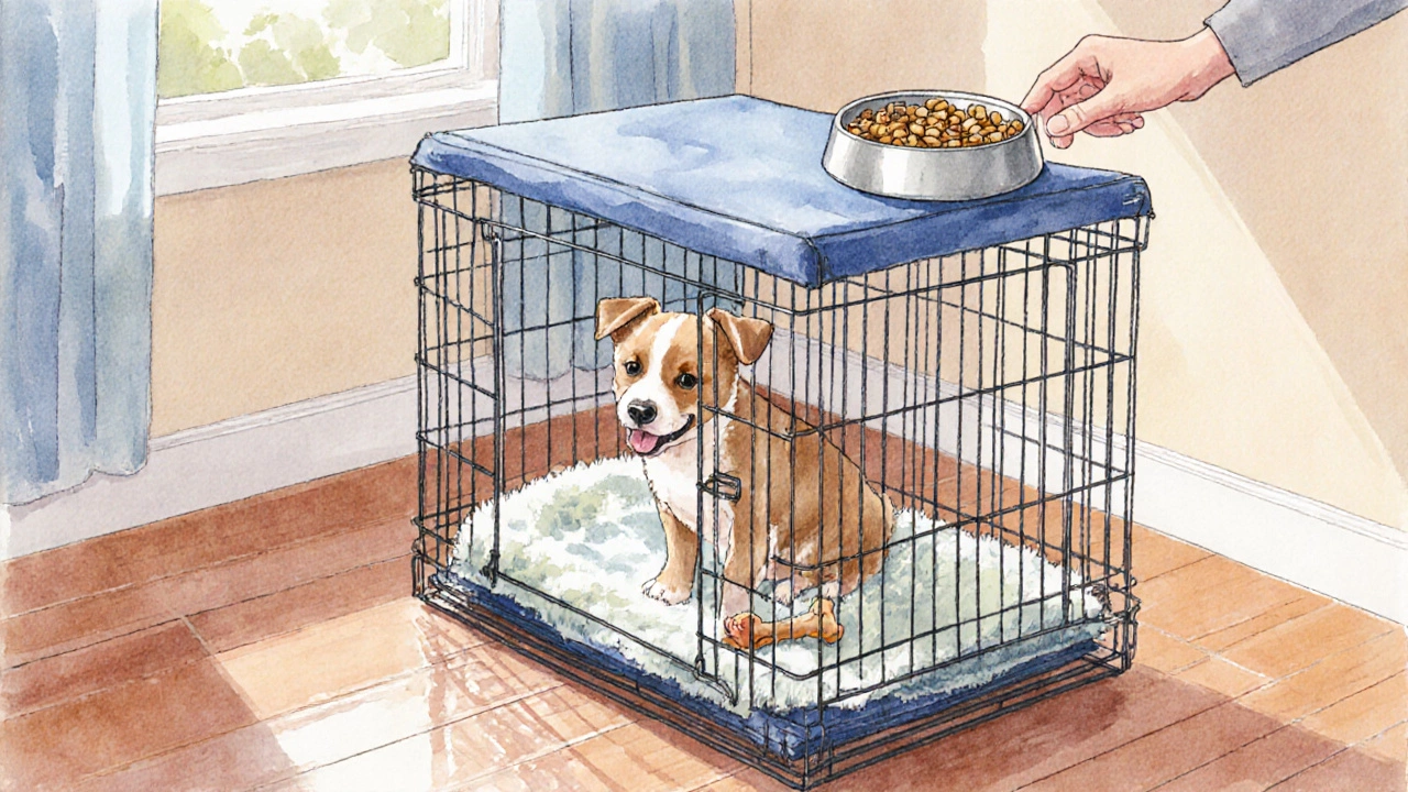 Cozy crate with blanket, chew toy, and puppy being fed inside.