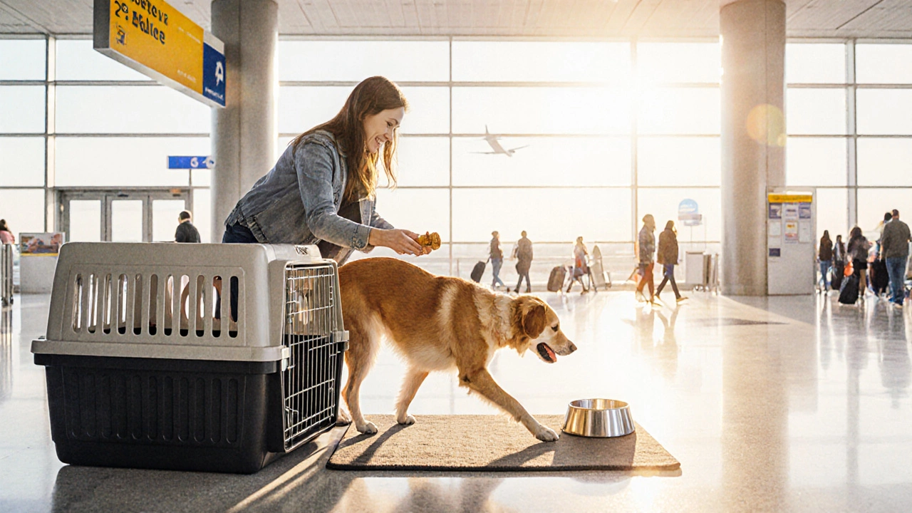 Dog exiting a crate at airport pet‑relief area, stretching while owner watches.