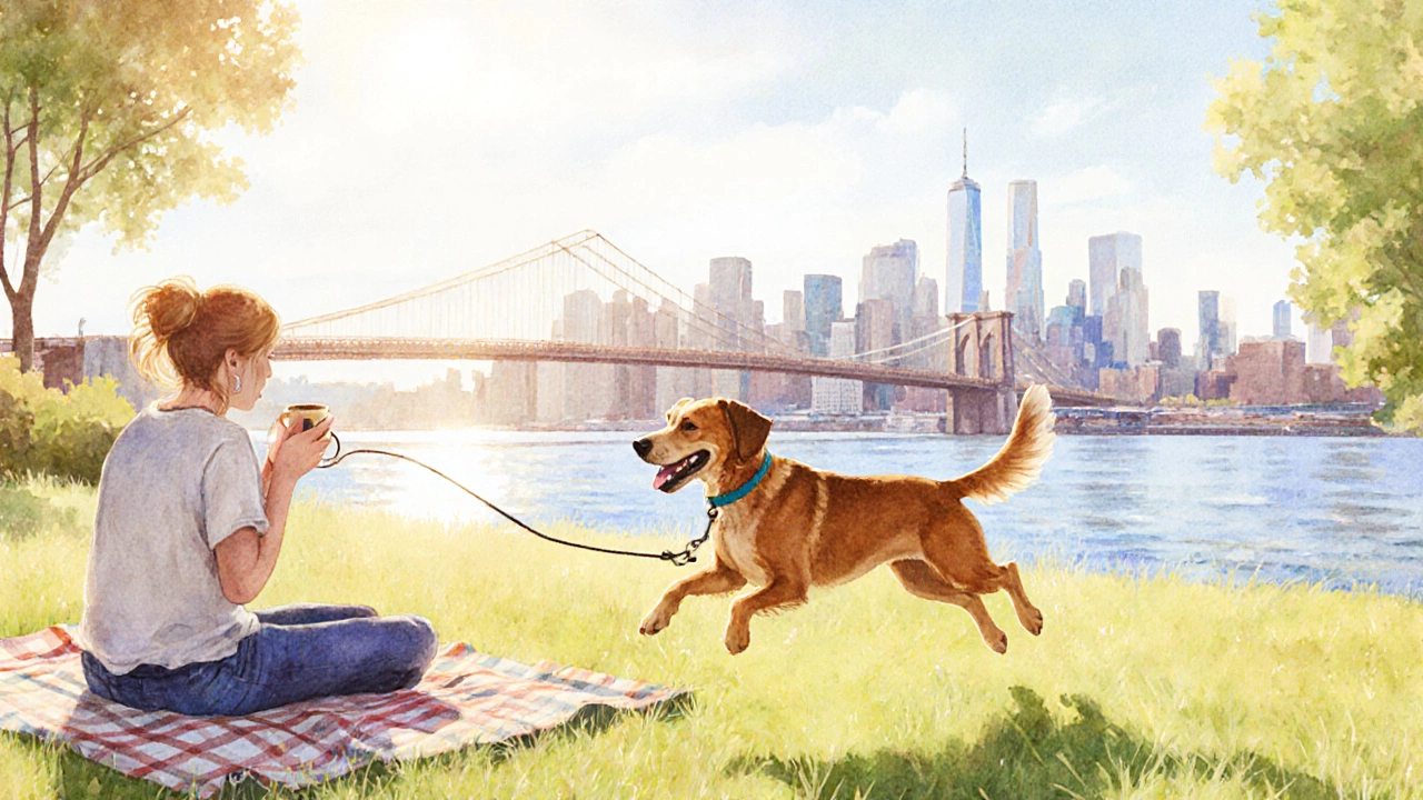 Dog running off‑leash in a sunny Brooklyn park with city skyline in background.