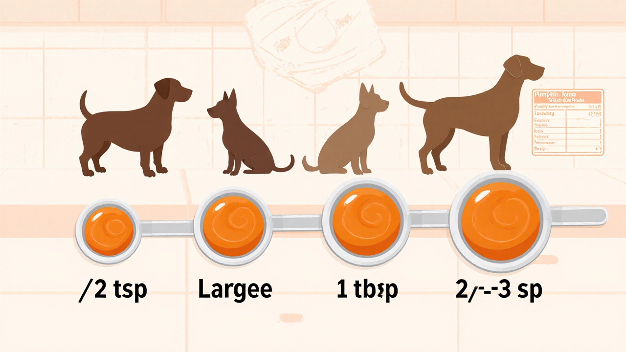 Dog silhouettes with corresponding pumpkin puree amounts illustrated with spoons.