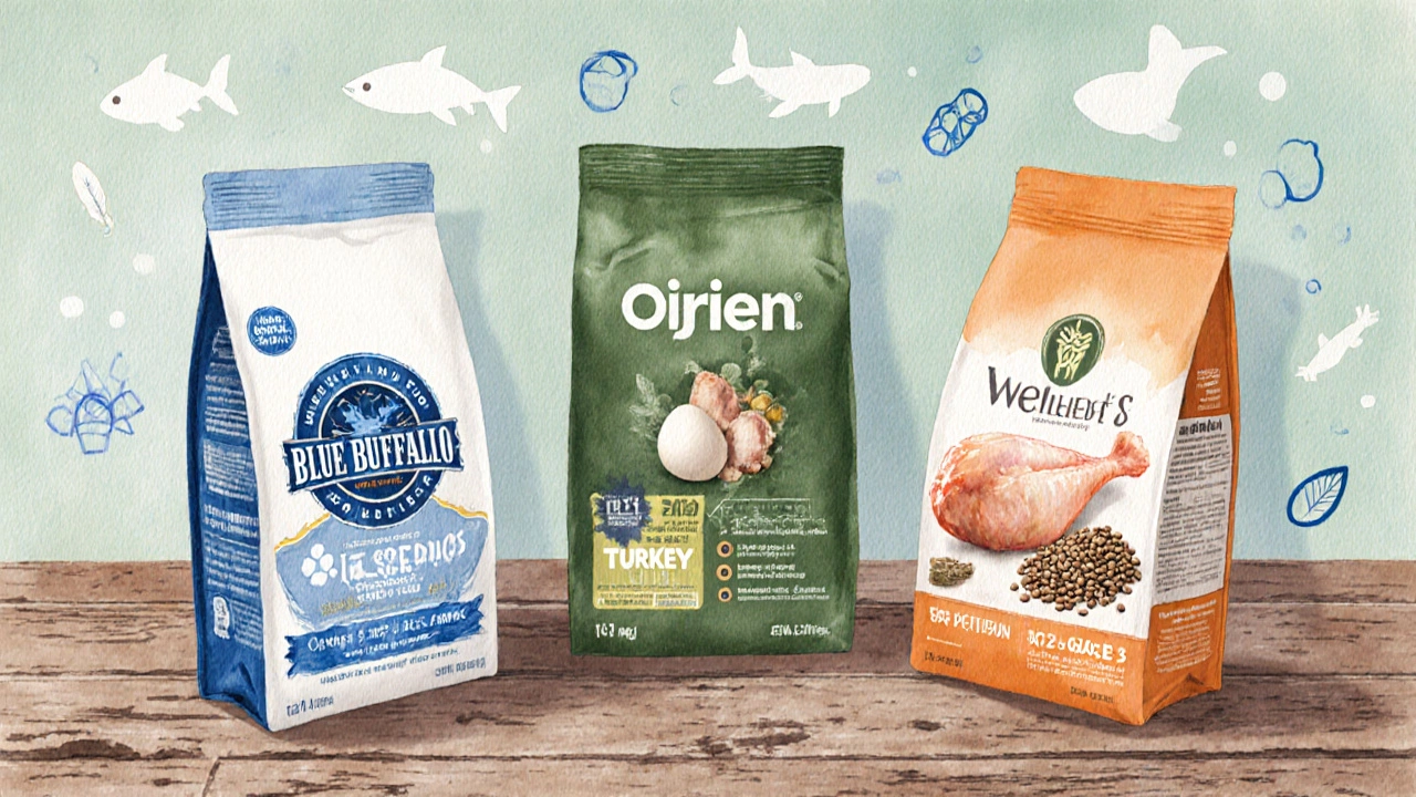 Flat lay of three premium dog food bags with chicken, fish, and turkey icons on wood.