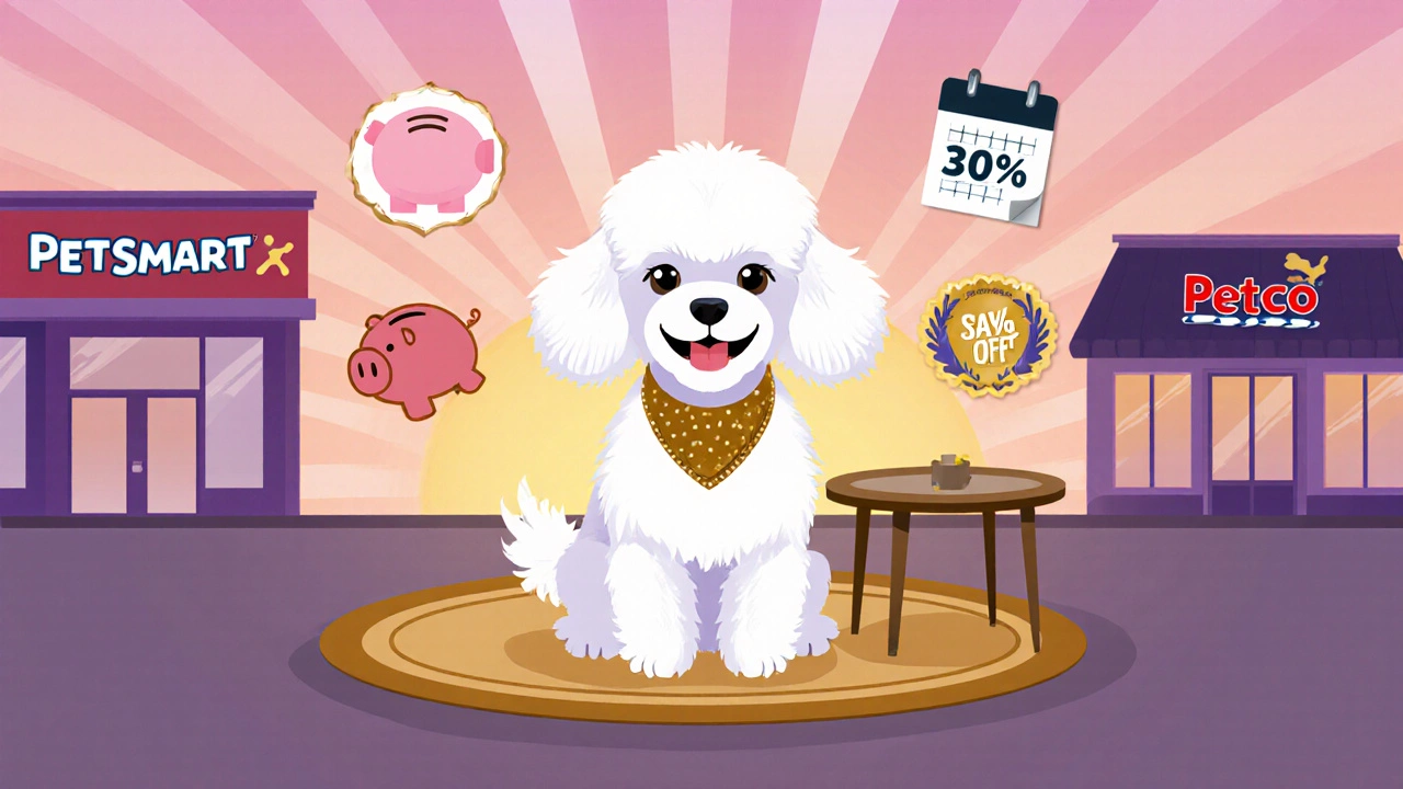 Fluffy poodle enjoying a fresh groom, surrounded by icons of savings and faint store silhouettes.