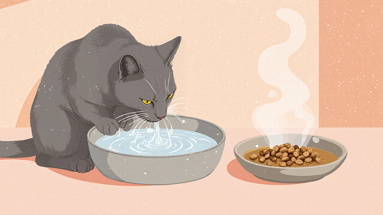 Grey cat drinking from a water fountain with kibble and broth nearby.