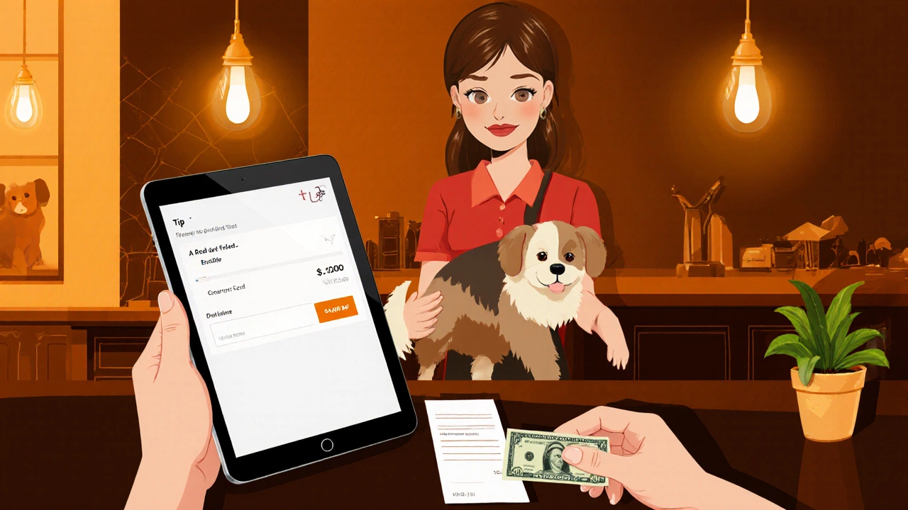 Groomer at checkout with a tablet tip field and a  bill placed on the counter.