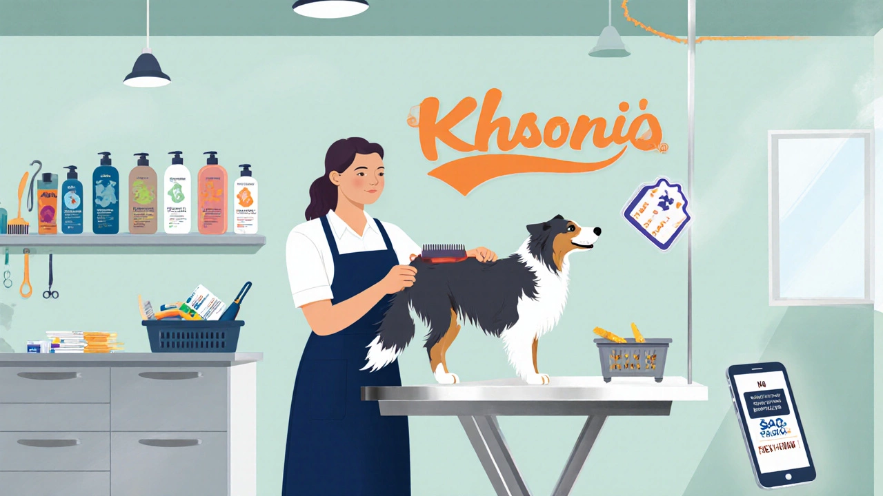 Groomer brushing a border collie in a store, loyalty cards and a phone with a coupon notification nearby.
