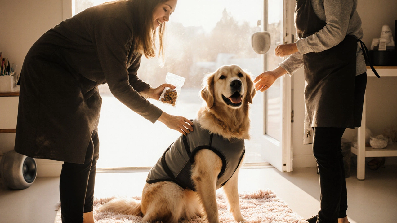 Happy dog in a thundershirt with owner and groomer leaving the salon in warm sunlight.