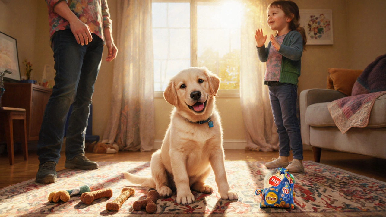 Happy puppy sitting with toys and treats, owners smiling after training success.