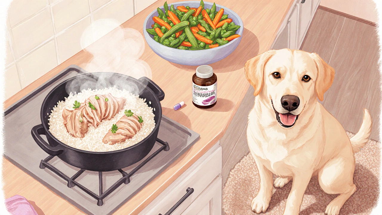 Homemade dog meal of rice, chicken, veggies, and fish‑oil capsule prepared in a kitchen.