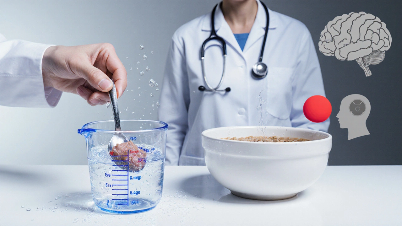 Illustration of measuring tuna, rinsing it, and mixing into cat food with a vet observing.