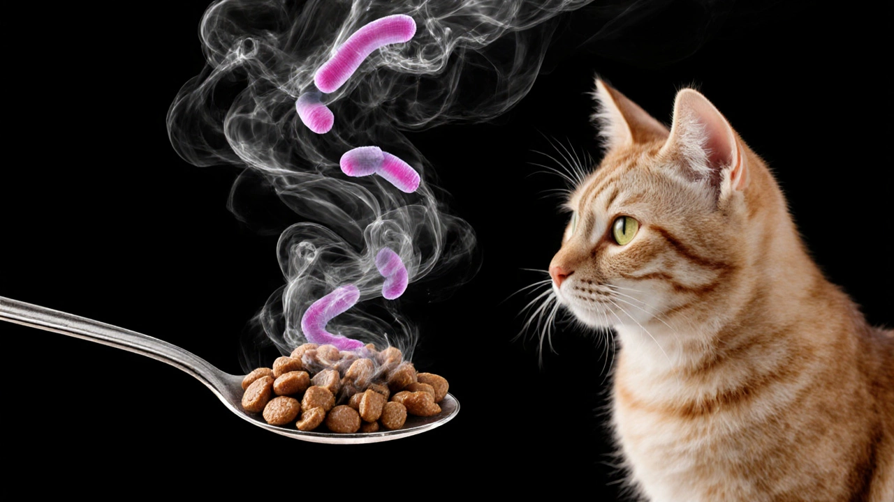 Microscopic view of bacteria rising from cat food, with a cat’s watchful face in the background.