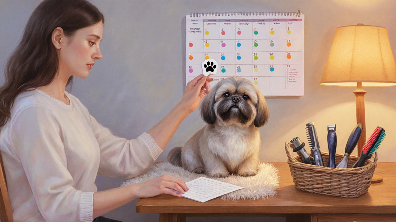 Pastel illustration of an owner adding grooming stickers to a calendar beside a brushed Shih Tzu.