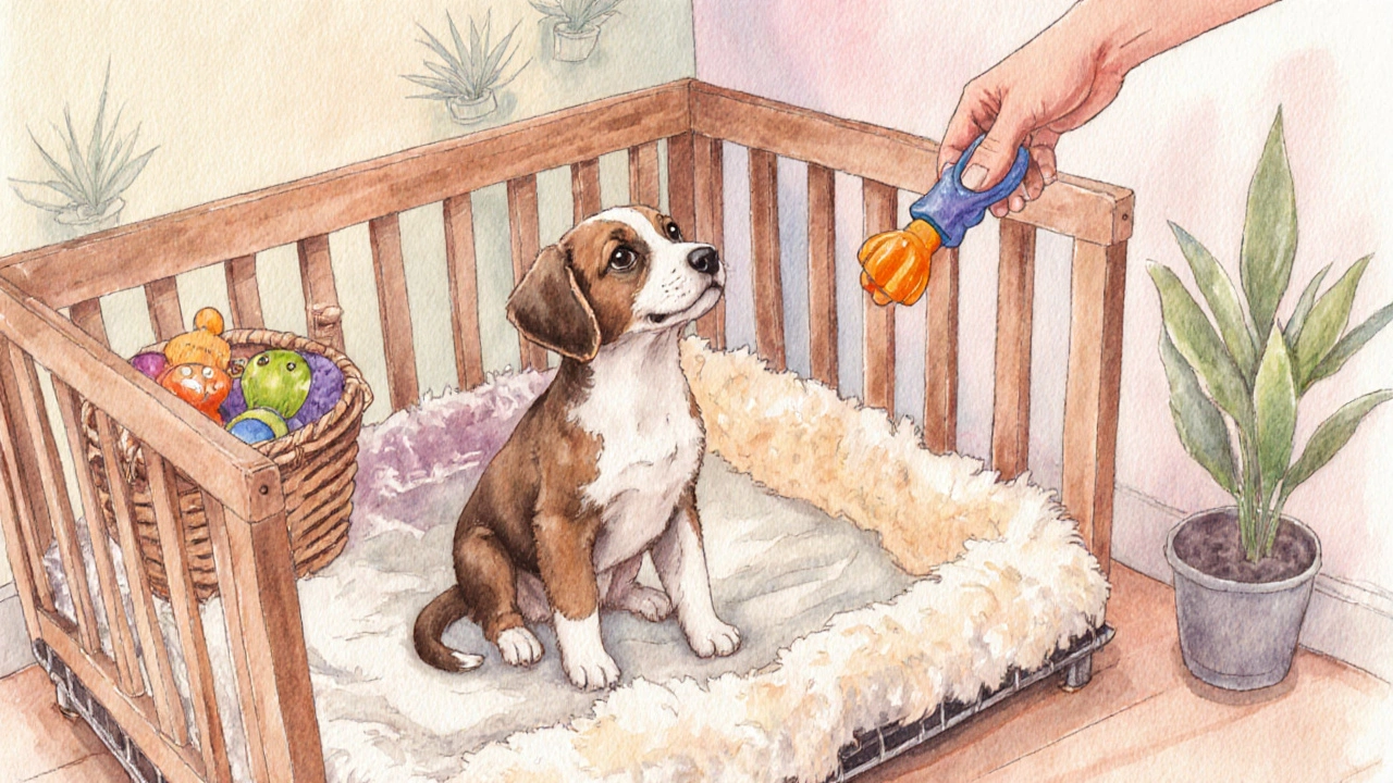 Puppy inside a crate with chew toys and a time‑out mat, ready for redirection.