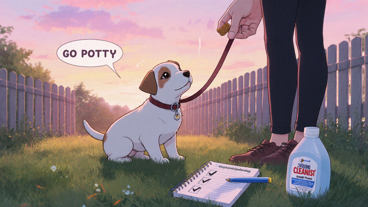 Puppy on leash squatting outdoors as owner rewards, with checklist and cleaner nearby.