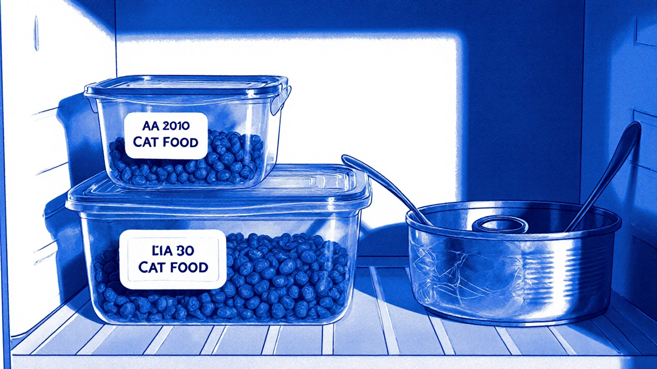 Refrigerator shelf with sealed containers of stored cat food beside an open can in shadow.