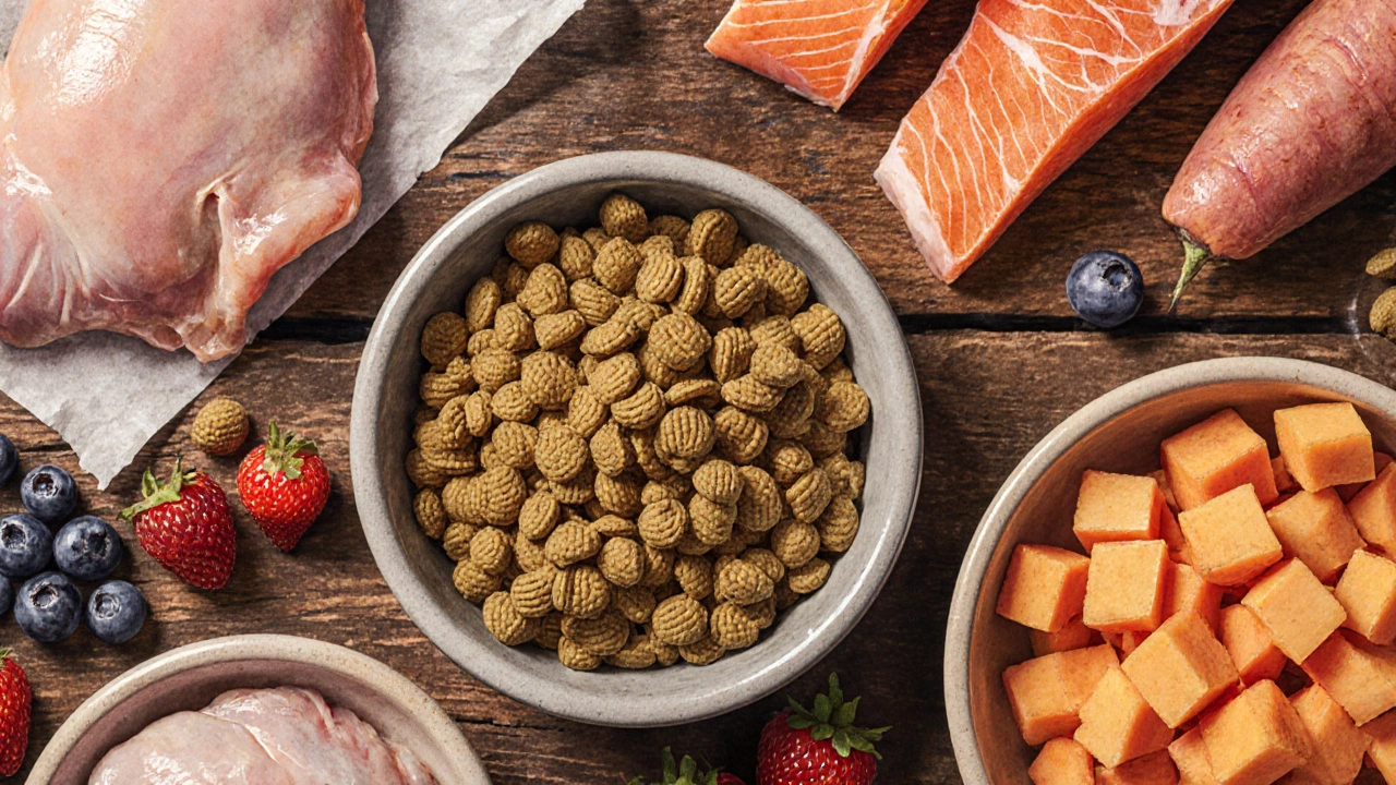 Rustic kitchen display of fresh chicken, salmon, turkey, sweet potatoes, and berries around kibble.