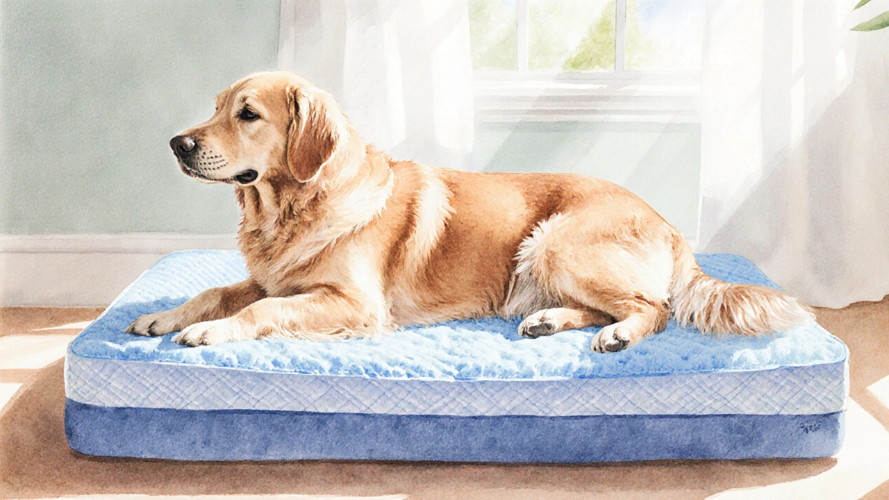 Senior golden retriever resting on a pastel orthopedic dog bed in sunlight.