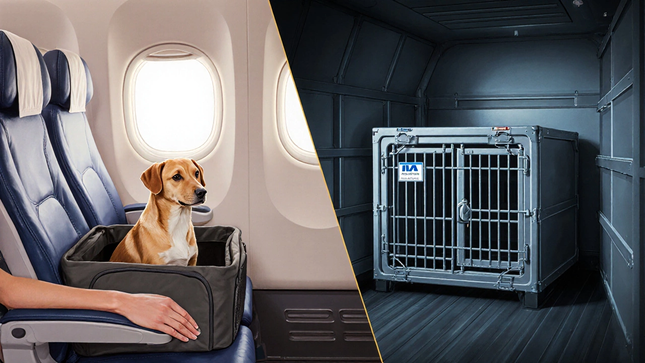 Side‑by‑side view of a dog in a cabin carrier under a seat and in a cargo crate.