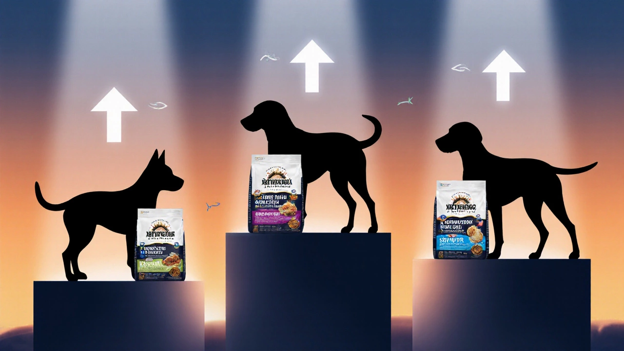 Silhouetted puppy, adult, and senior dog beside corresponding food bags in gradient background.