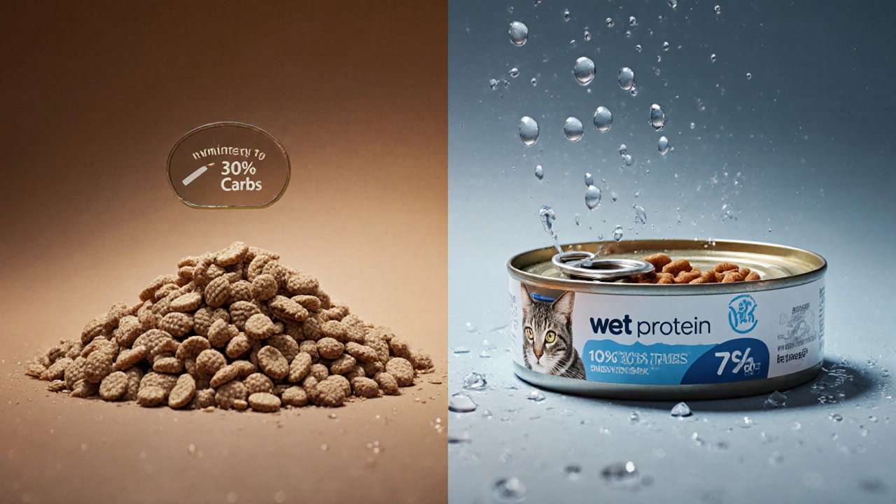 Split view showing dry kibble with low moisture and wet cat food with high moisture and protein.