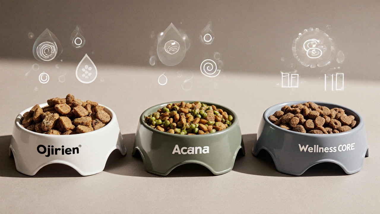 Three dog bowls filled with distinct kibble types representing Orijen, Acana, and Wellness CORE.
