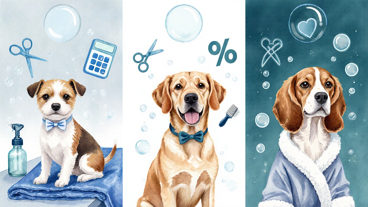 Three dogs showing basic, full, and premium grooming with subtle tip‑calculation icons.
