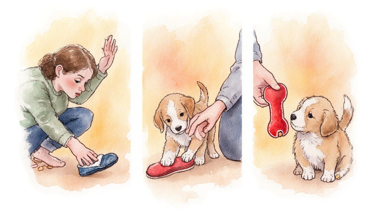 Three watercolor panels: cue, block, and redirect with chew toy and treat.