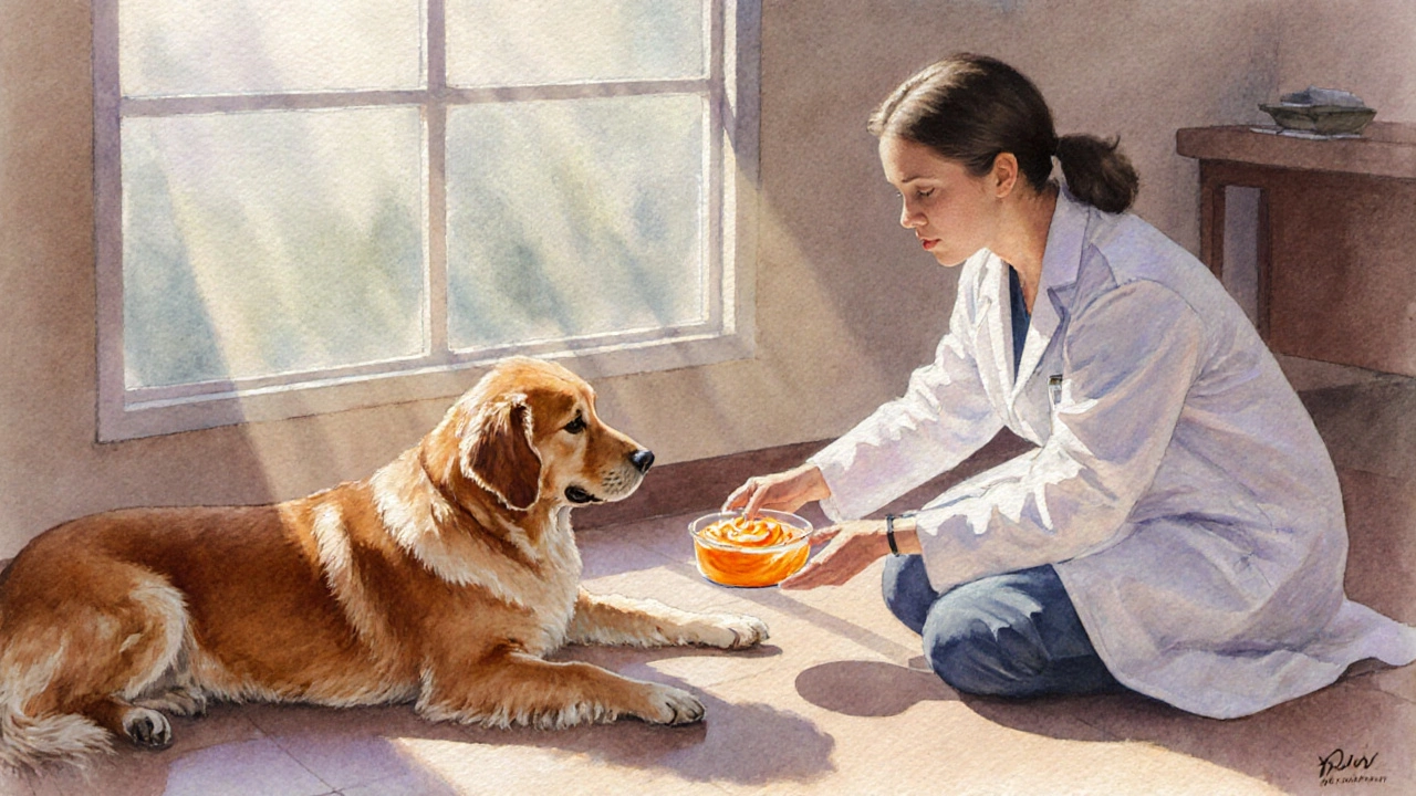 Veterinarian offers a bowl of pumpkin puree to a healthy dog in a clinic.