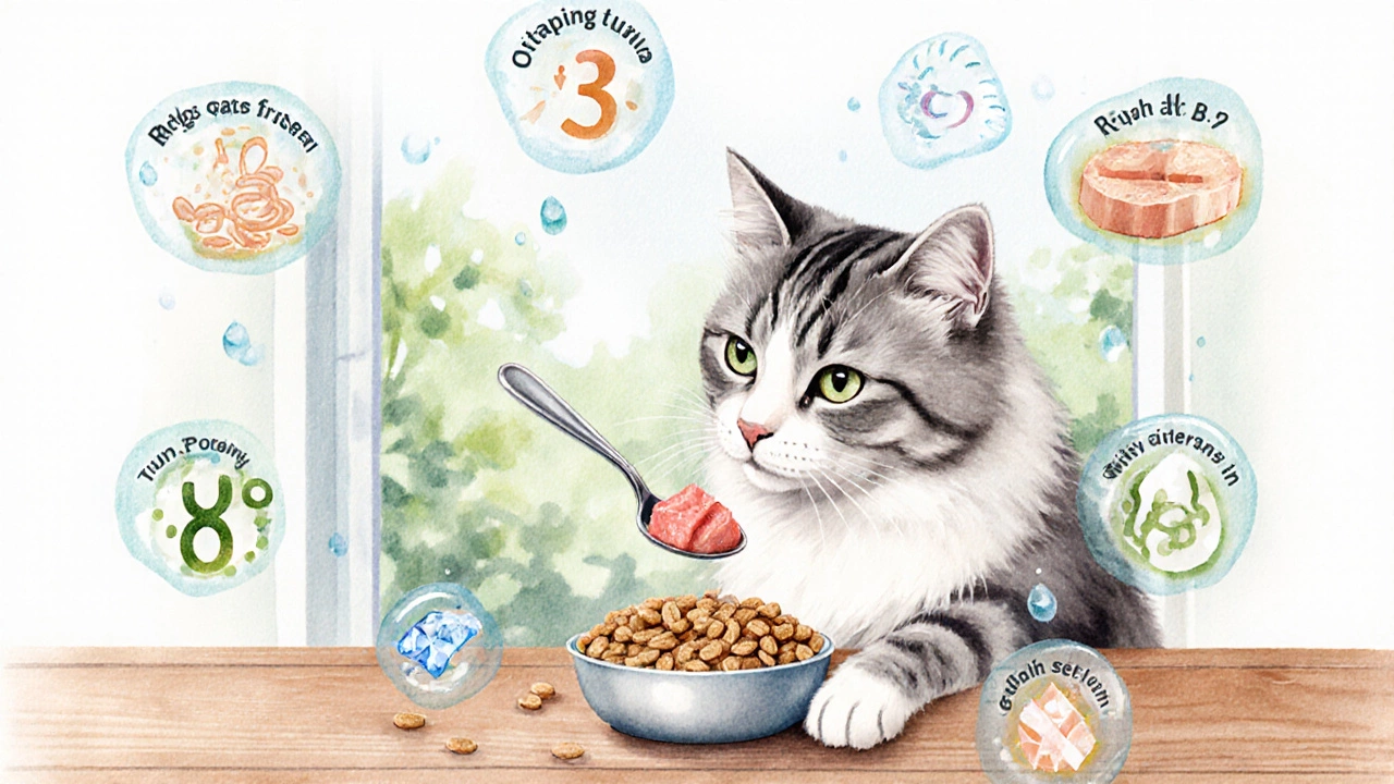 Watercolor cat with tiny spoon of tuna surrounded by nutrient icons.