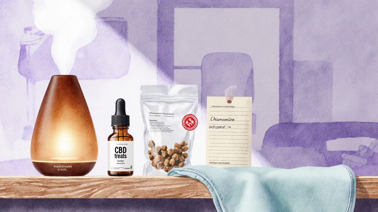 Watercolor flat‑lay of calming aids: diffuser, CBD oil bottle, treats, prescription note, and thundershirt.