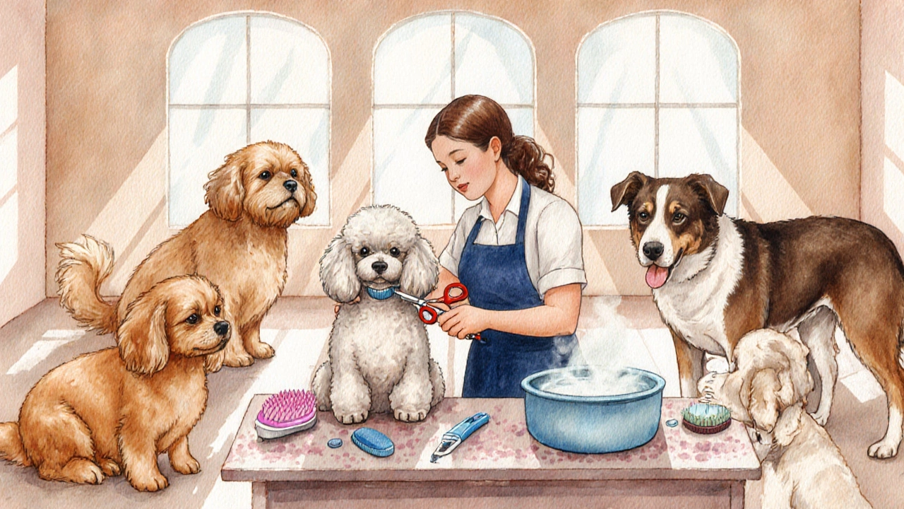 Watercolor salon with a groomer tending to five dogs of various coat types.