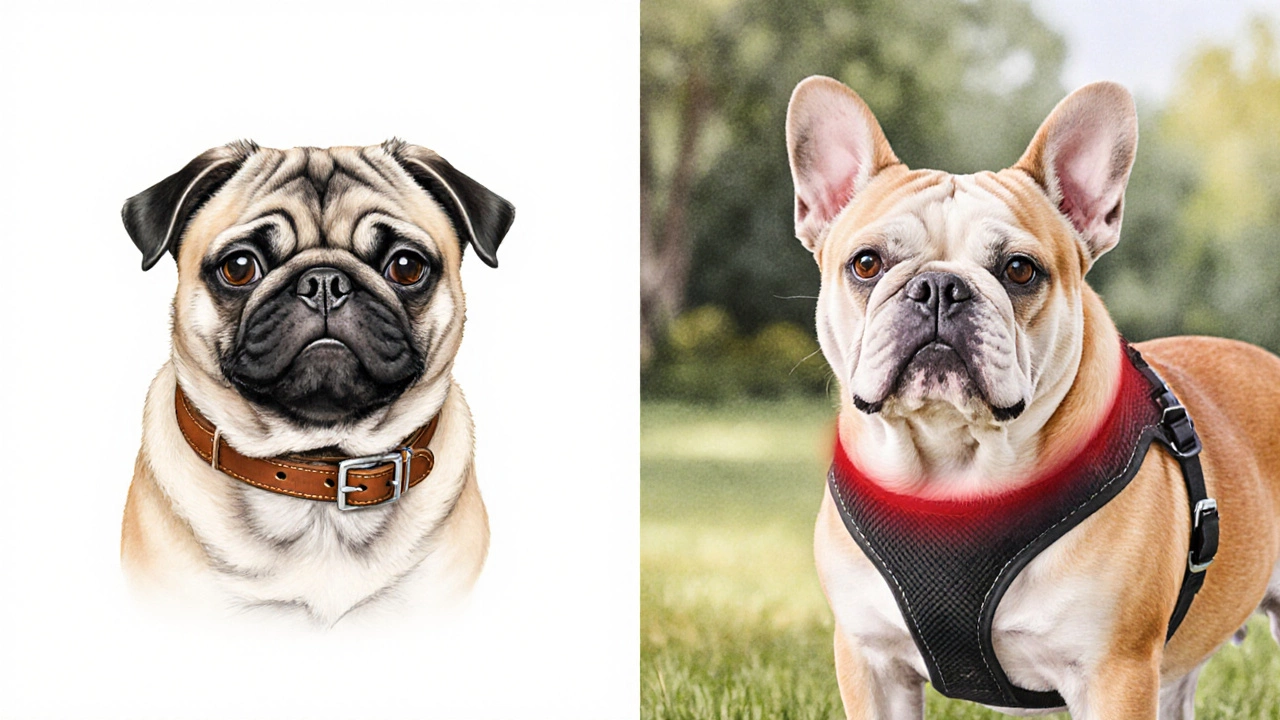 Watercolor shows a pug with a collar and a bulldog with a harness, highlighting pressure points.