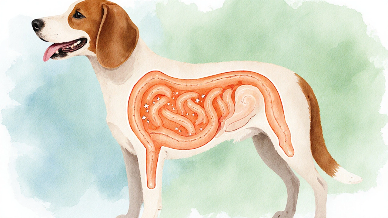Watercolor view of a dog&#039;s gut with orange pumpkin fiber soothing intestines.