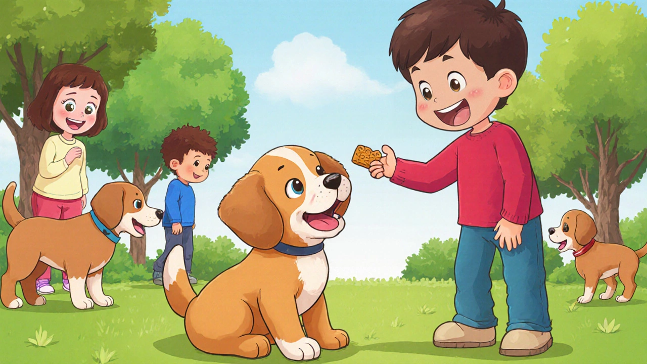 Well‑behaved puppy politely greeting a child with a treat in a park.