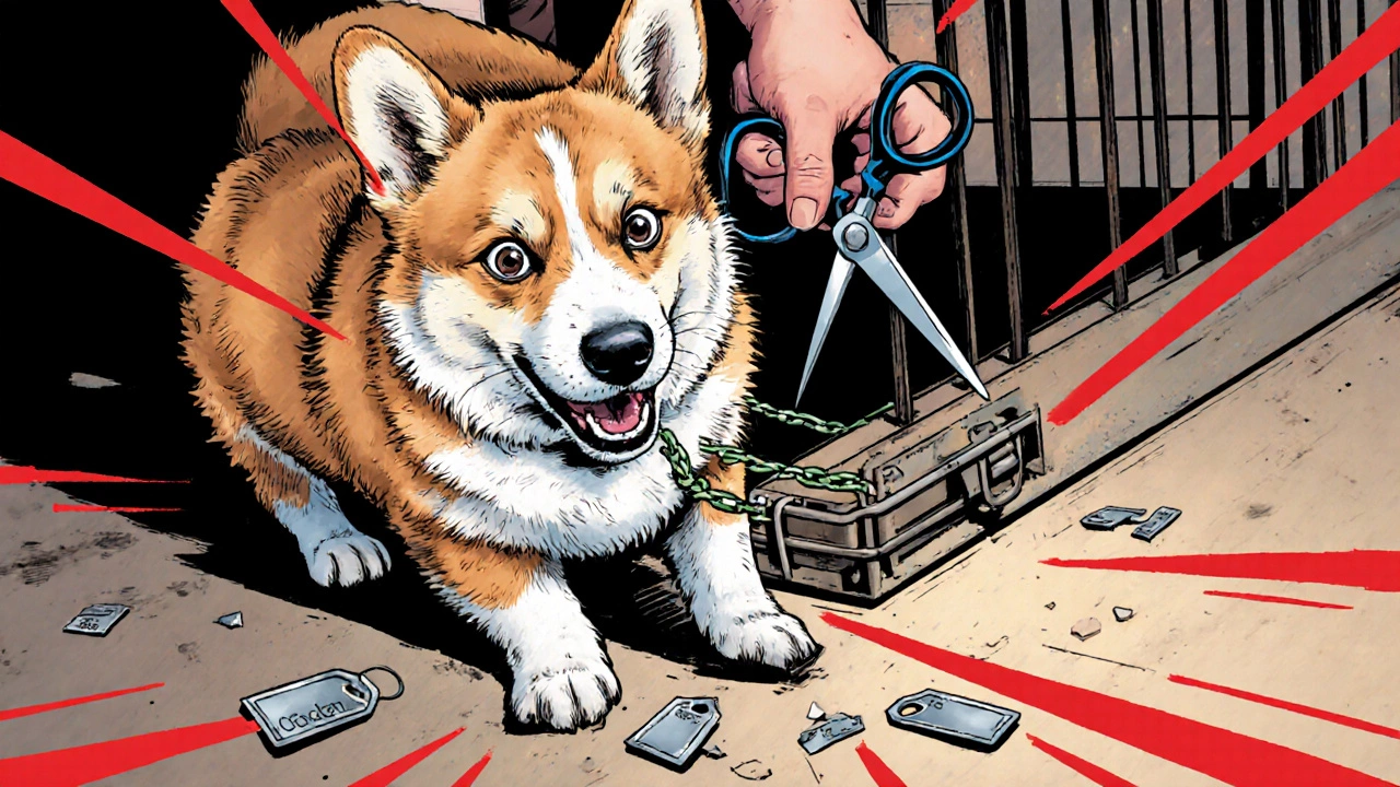 A Corgi trapped by its collar on a crate latch, scissors ready to cut free.
