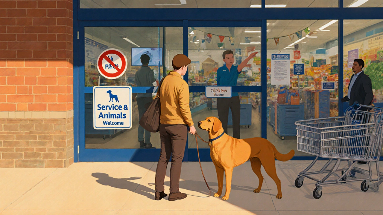 A dog owner stands outside a grocery store with their pet on a leash, looking toward curbside pickup.