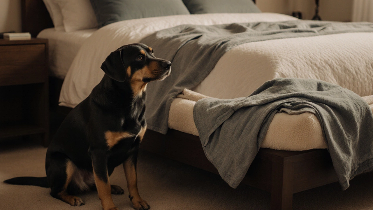A dog resting beside its own bed next to a human bed, with a shirt on the dog bed.