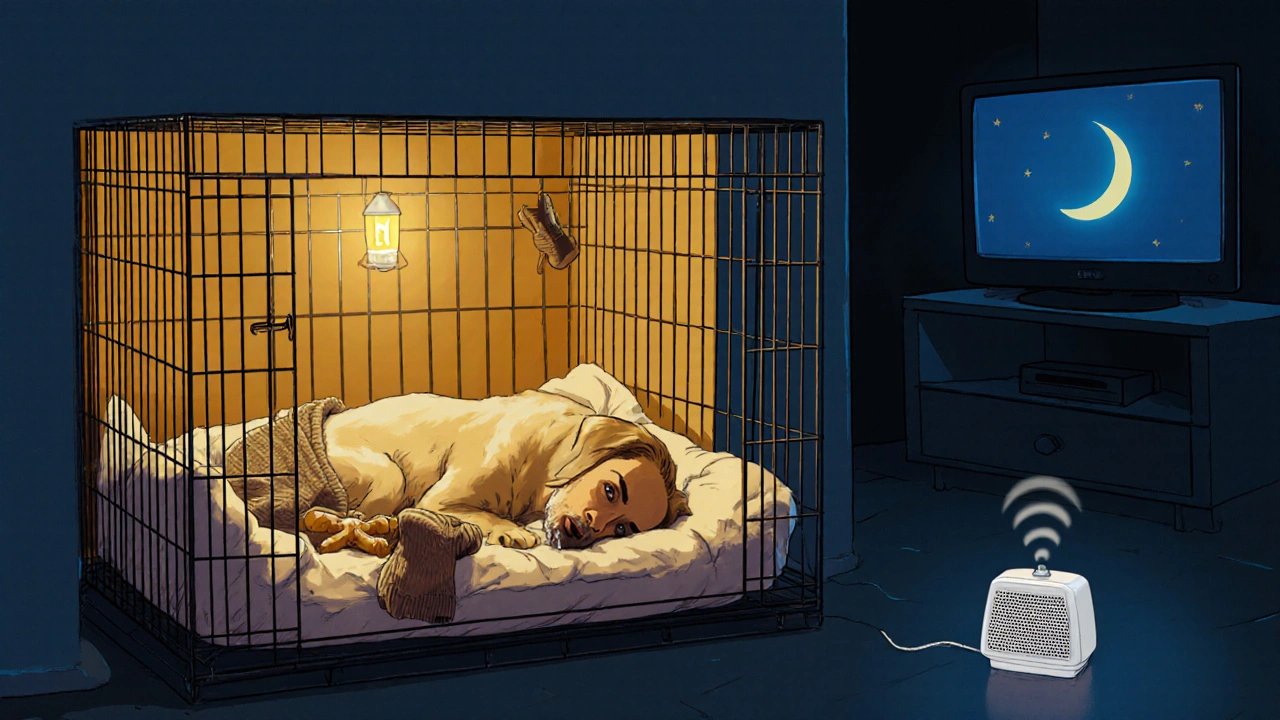 A dog rests comfortably in a cozy crate with a sweater and nightlight, creating a safe, warm space.