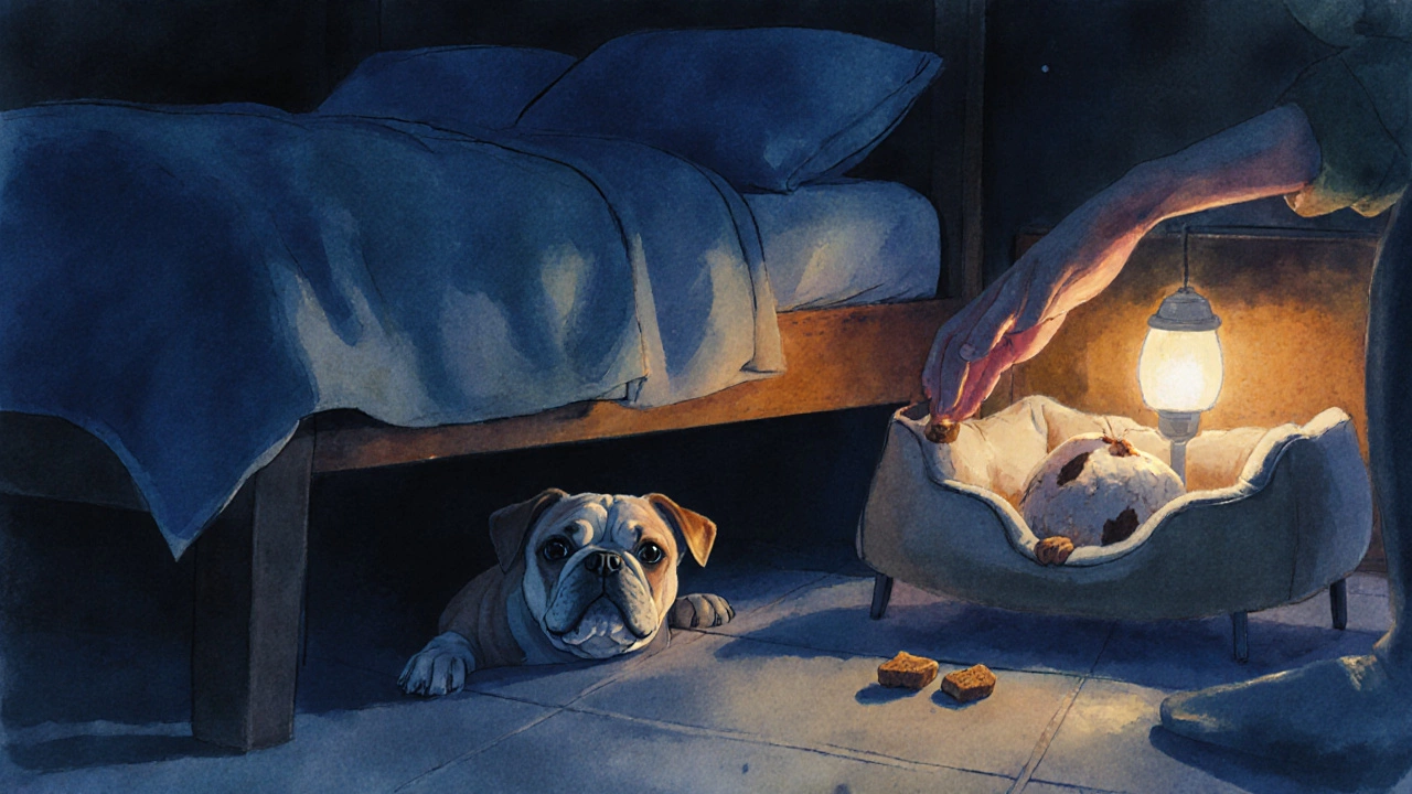 A nervous dog looking under a bed while a hand offers a treat nearby.