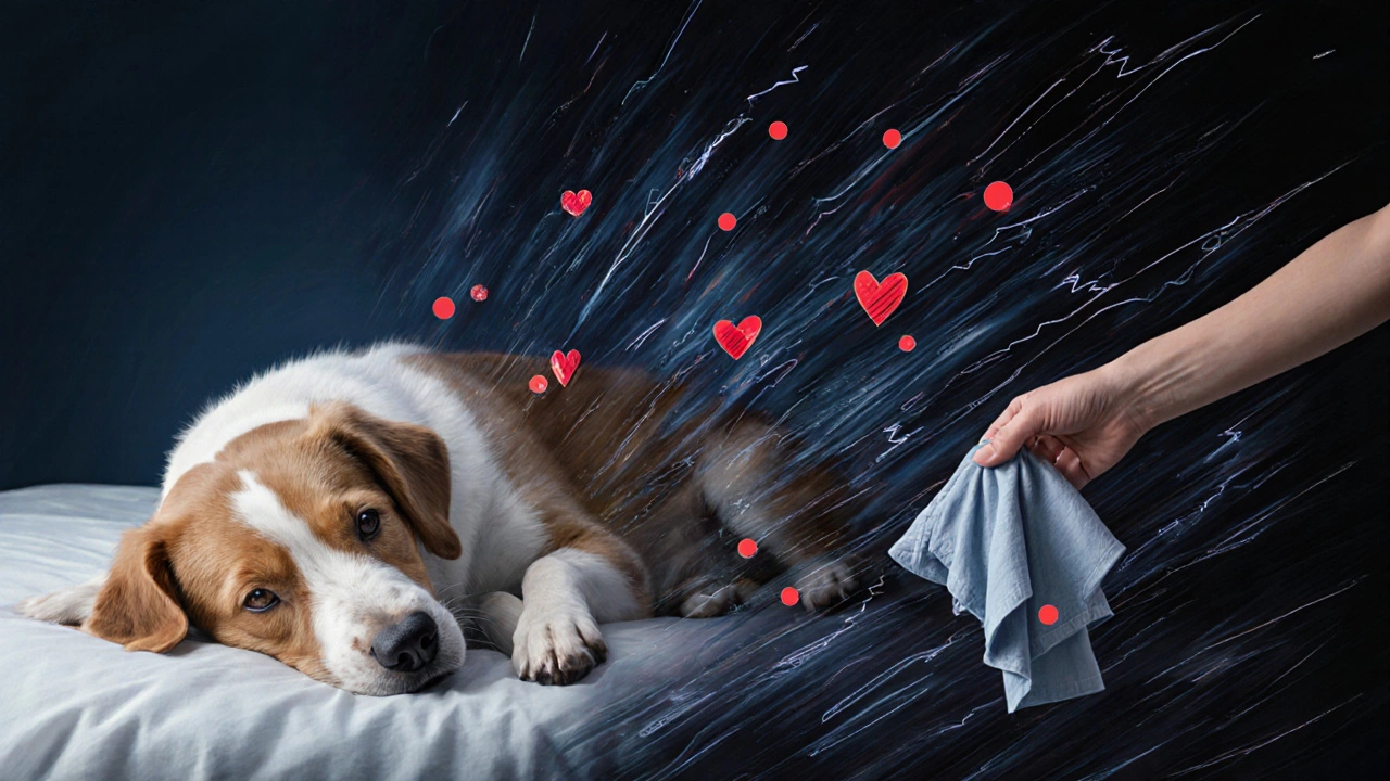 A split-image showing a sleeping dog and abstract anxiety swirls, with a hand offering comfort from the edge.