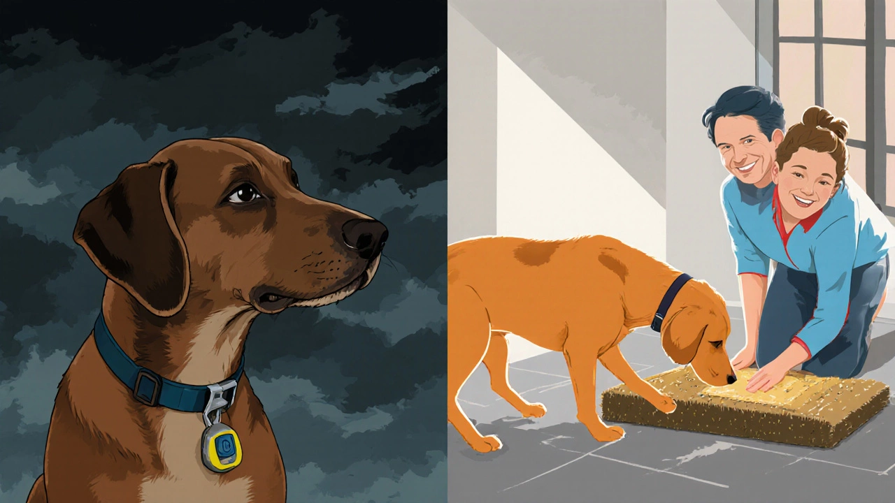 Contrasting images: anxious dog with shock collar vs. happy dog with snuffle mat.