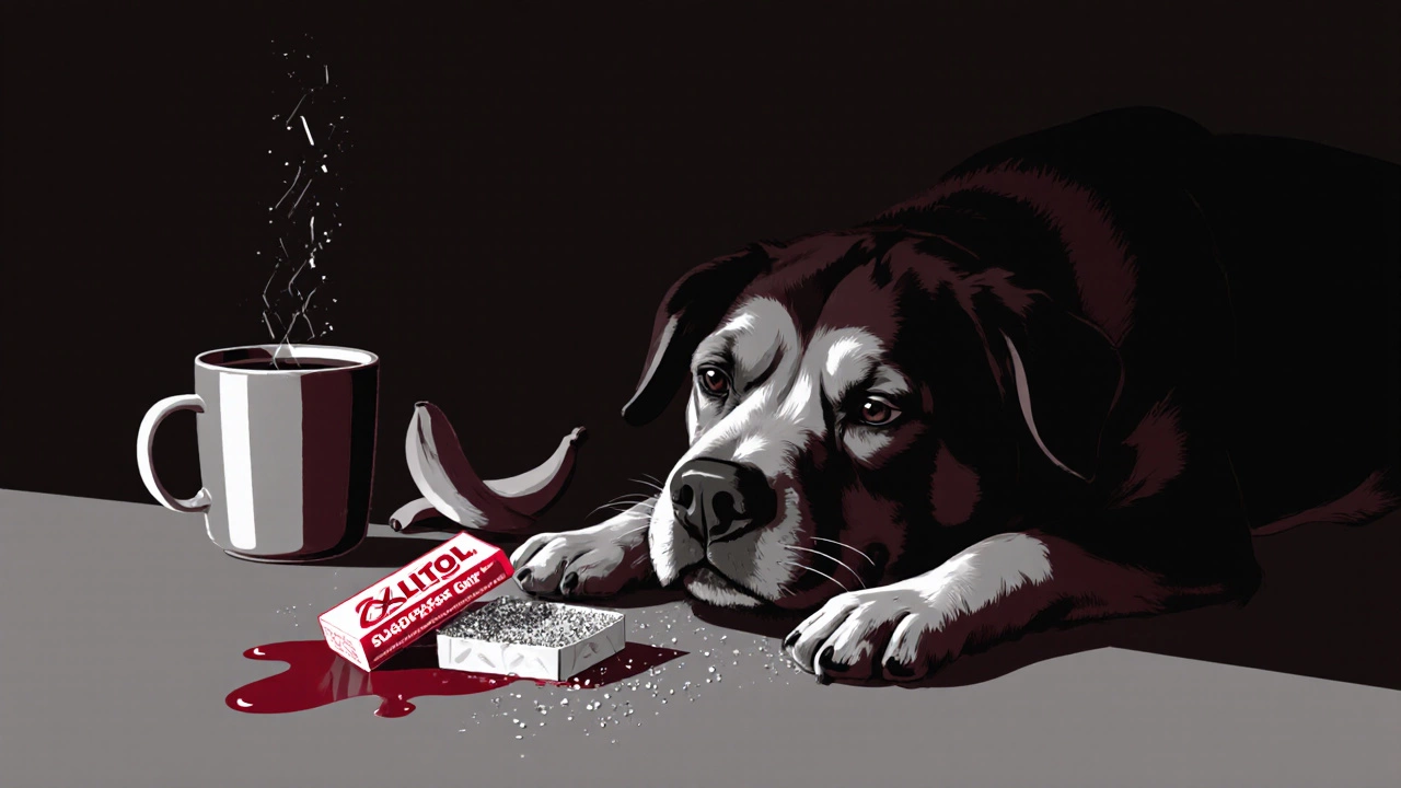 Dog collapsing beside opened sugar-free gum with xylitol crystals scattered around.
